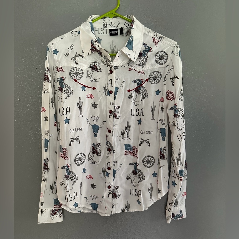Women's White Western Print Button-Down Shirt